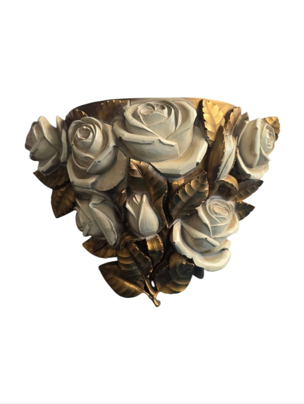 Homco Vintage Retro White Roses Hollywood Regency Wall Sconce Gold Leaves